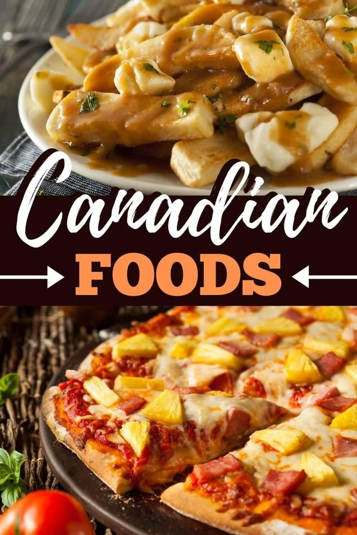 A variety of traditional Canadian foods including poutine, butter tarts, and tourtière.