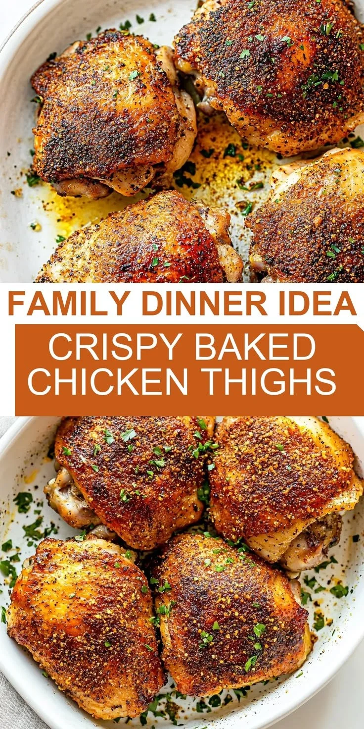 Baked bone-in chicken thighs served on a dinner plate with herbs