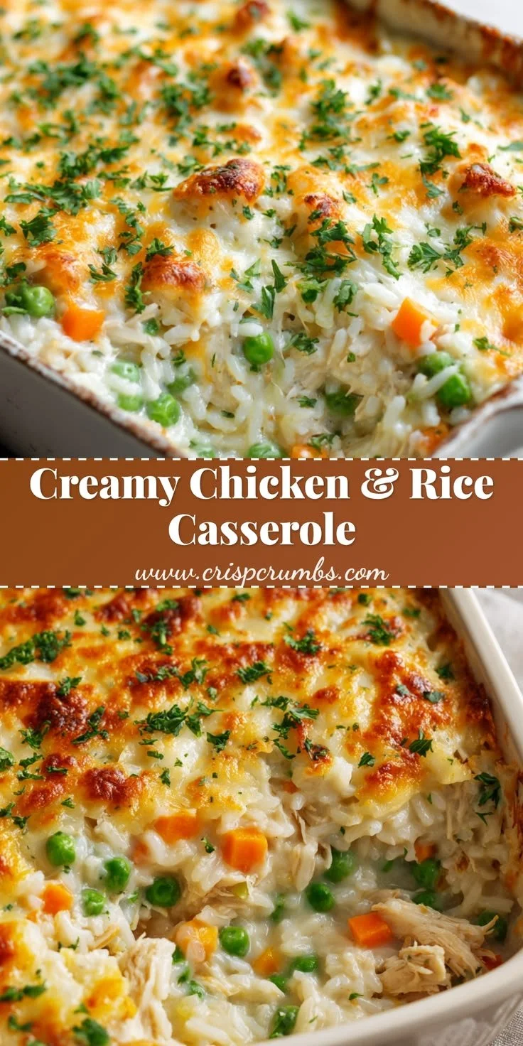 Delicious creamy baked chicken and rice casserole in a baking dish.