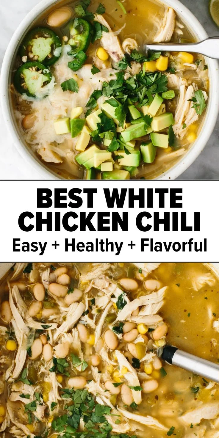 Bowl of delicious white chicken chili topped with cilantro and cheese