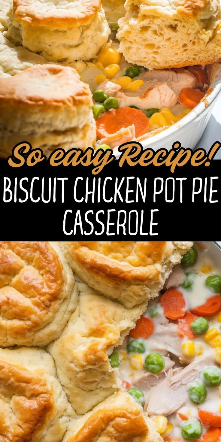 Delicious biscuit chicken pot pie casserole served in a baking dish.