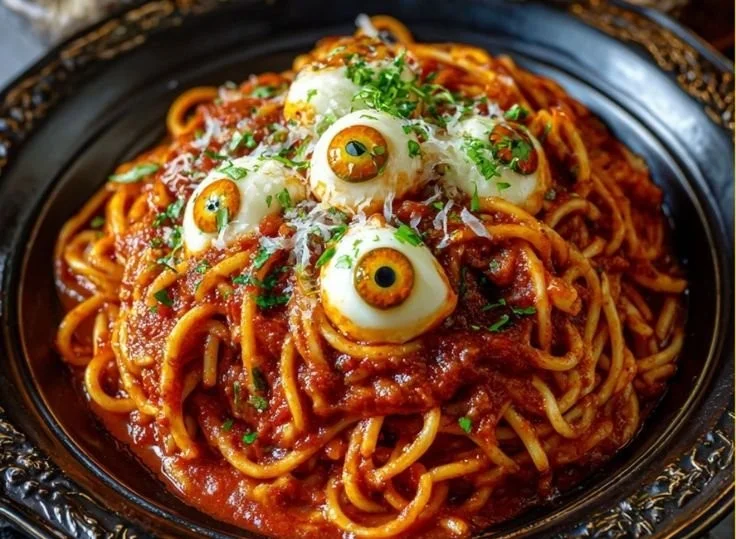 Plate of bloody spaghetti topped with mozzarella eyeballs for a Halloween dish.