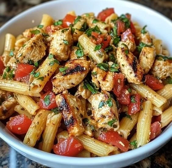 Delicious bruschetta chicken pasta topped with fresh herbs and tomatoes