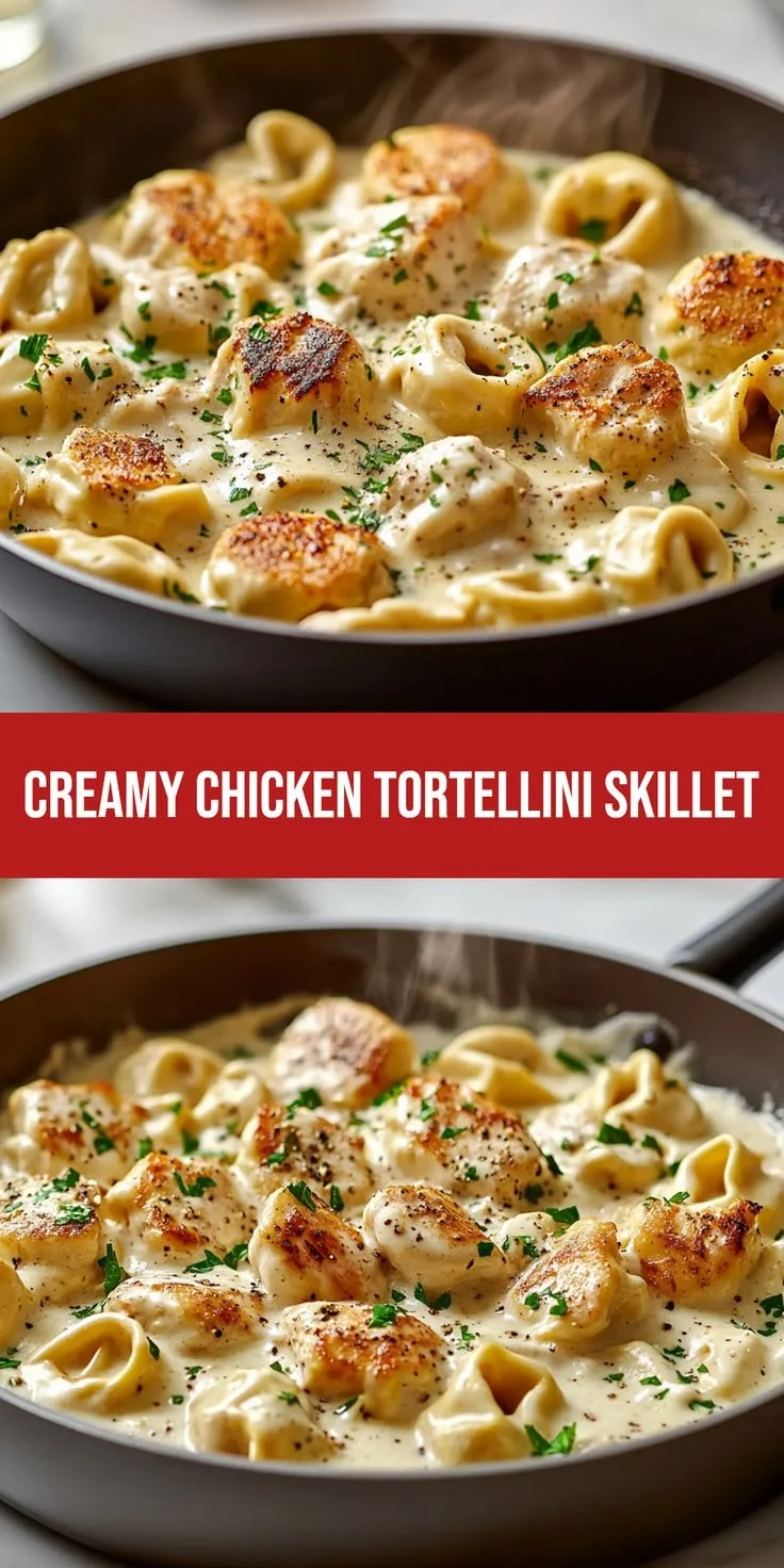 Creamy chicken tortellini skillet dish garnished with herbs
