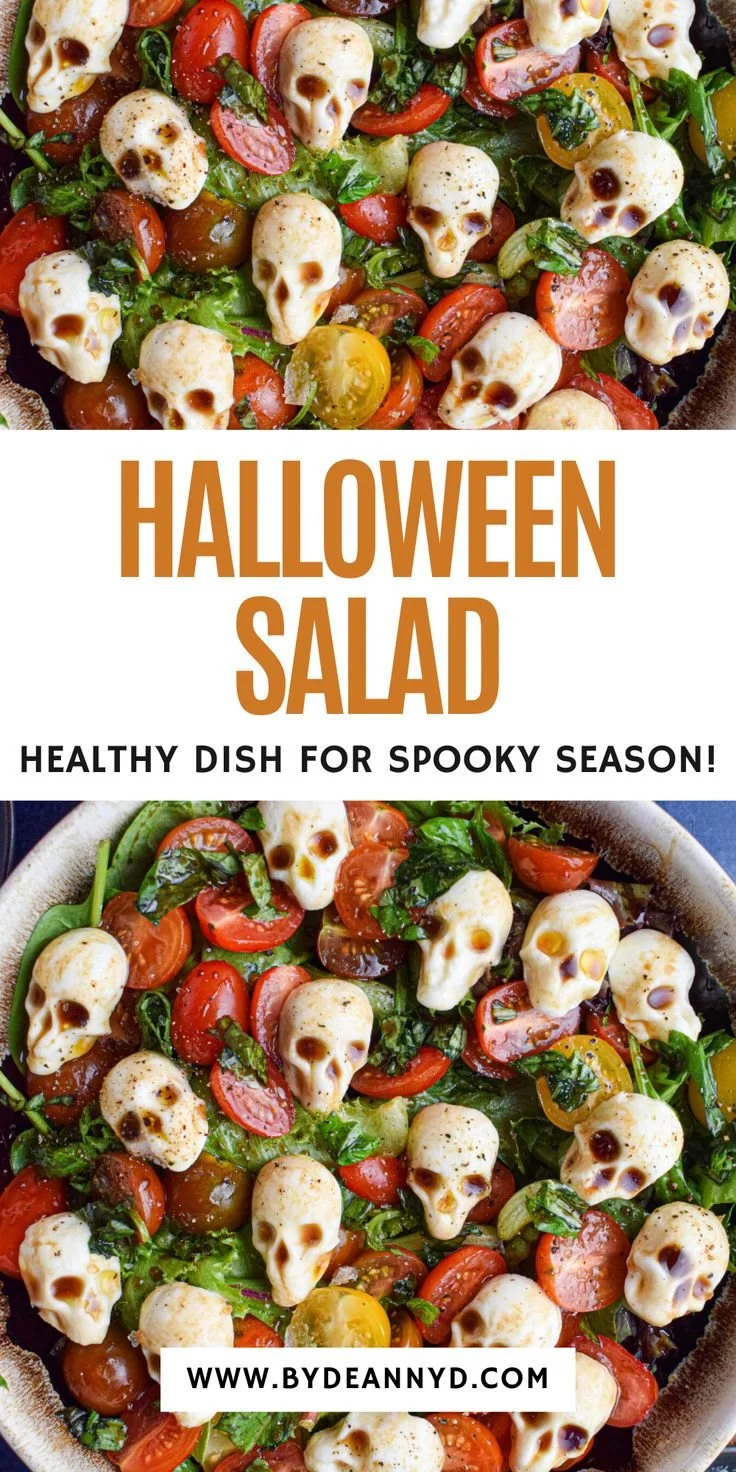 Caprese Inspired Halloween Salad featuring tomatoes, mozzarella, and spooky decor