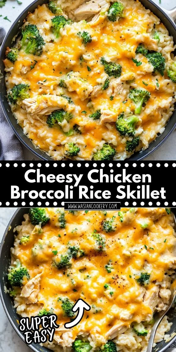 Cheesy Chicken Broccoli Rice Skillet served in a pan