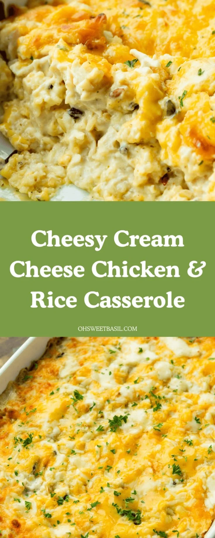 Cheesy Cream Cheese Chicken and Rice Casserole topped with herbs and cheese