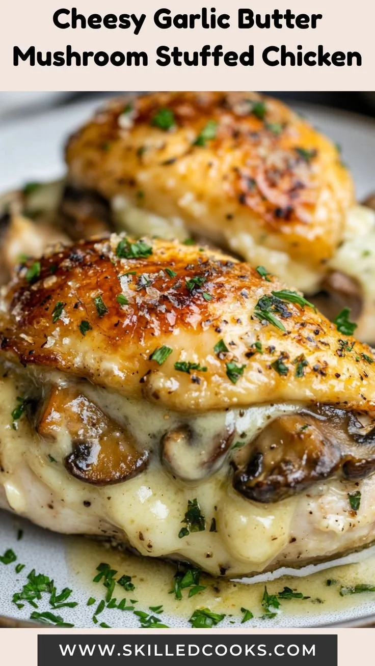 Cheesy garlic butter mushroom stuffed chicken with herbs and seasoning
