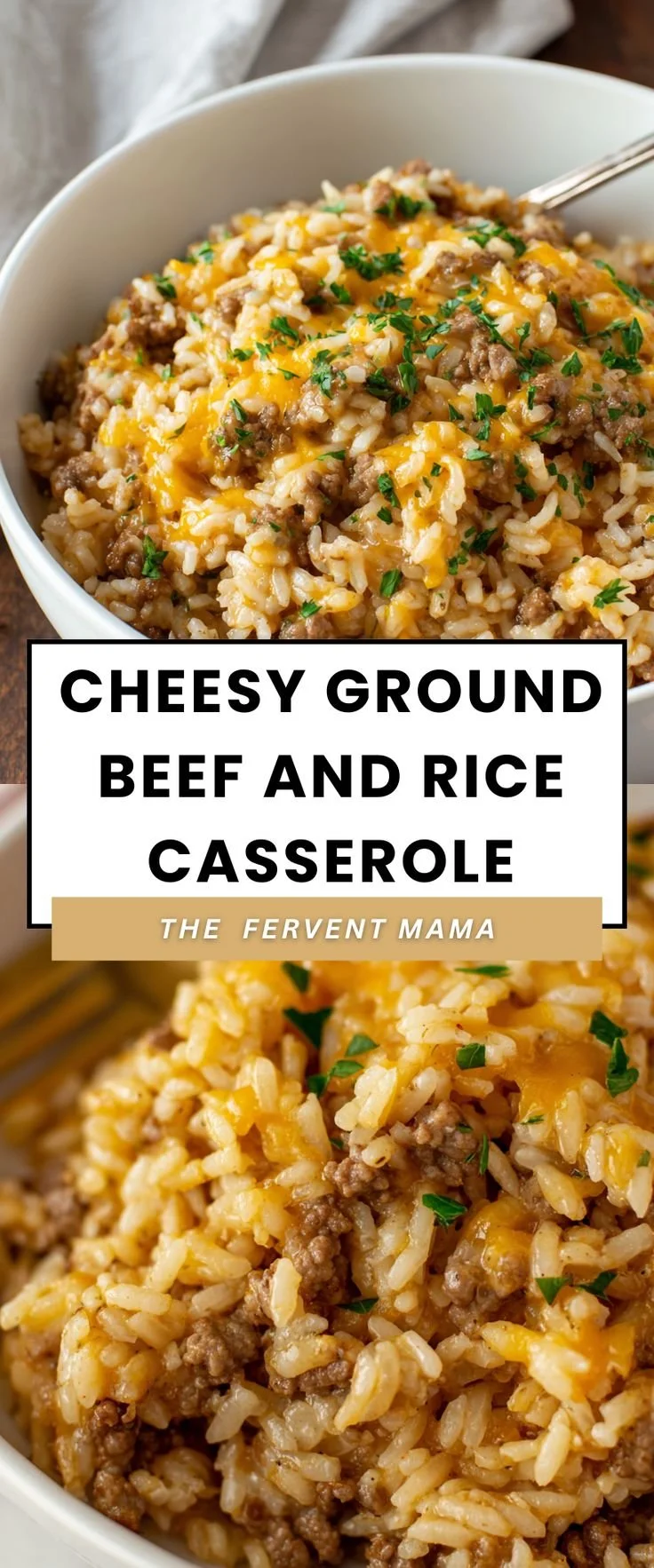 Cheesy Ground Beef and Rice Casserole topped with melted cheese in a warm dish.