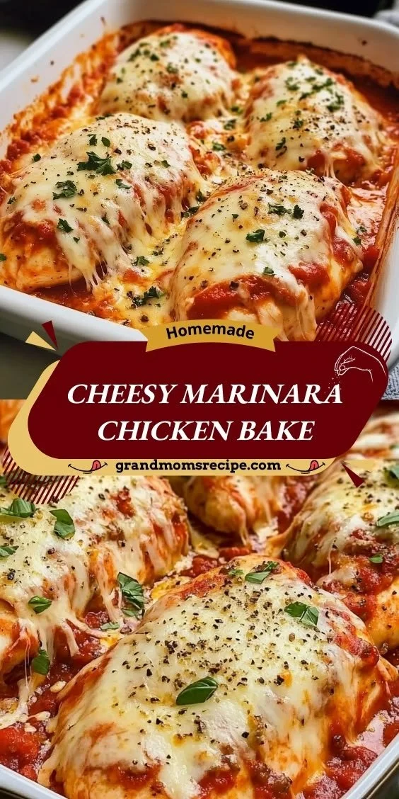 Cheesy marinara chicken bake topped with melted cheese and herbs