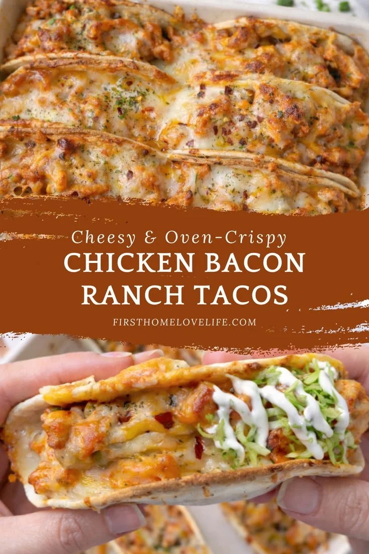 Cheesy oven-crispy chicken bacon ranch tacos baked to perfection on a plate