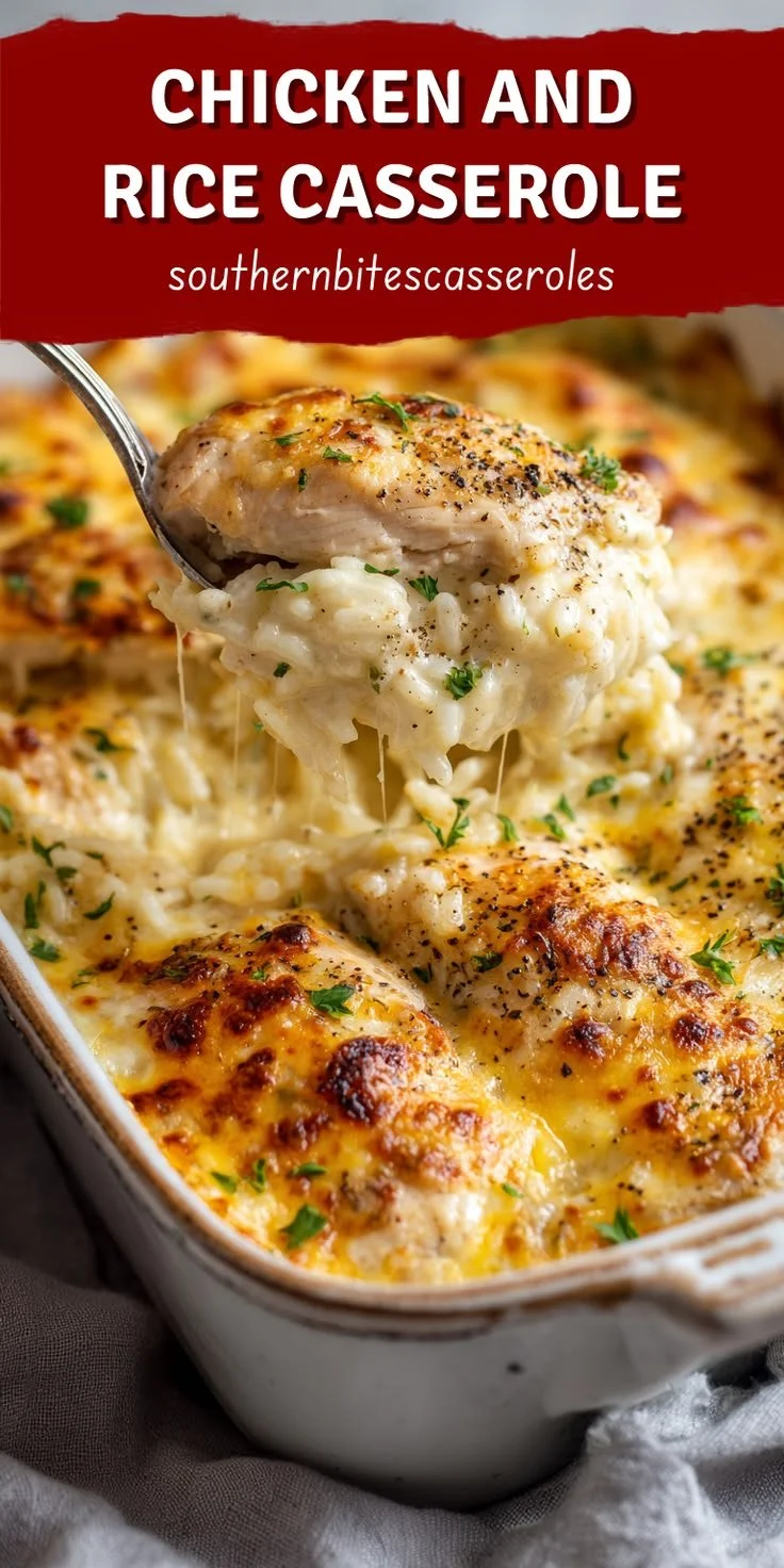 Delicious chicken rice casserole served in a dish, perfect for family dinners.