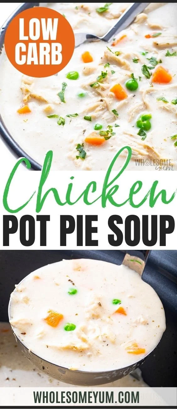 Bowl of homemade Chicken Pot Pie Soup topped with fresh herbs and biscuits