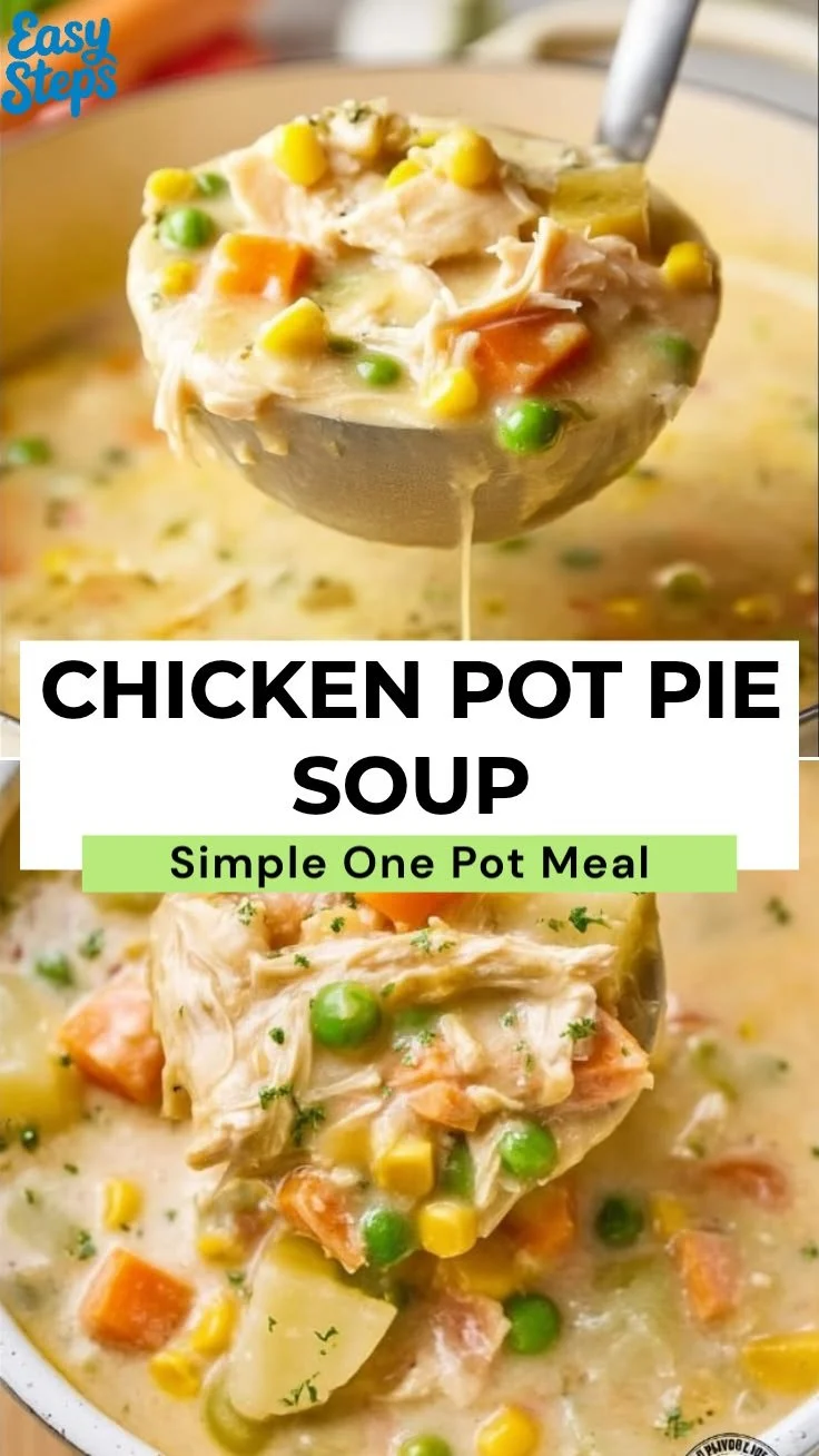 Delicious Chicken Pot Pie Soup in a bowl with fresh herbs and crackers