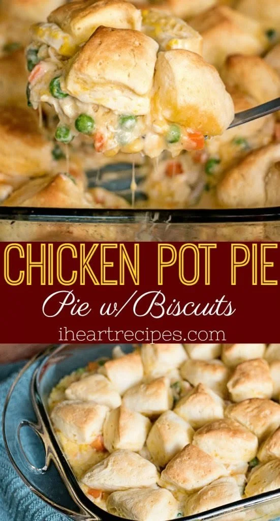 Delicious chicken pot pie topped with fluffy biscuits, perfect for a comforting meal.