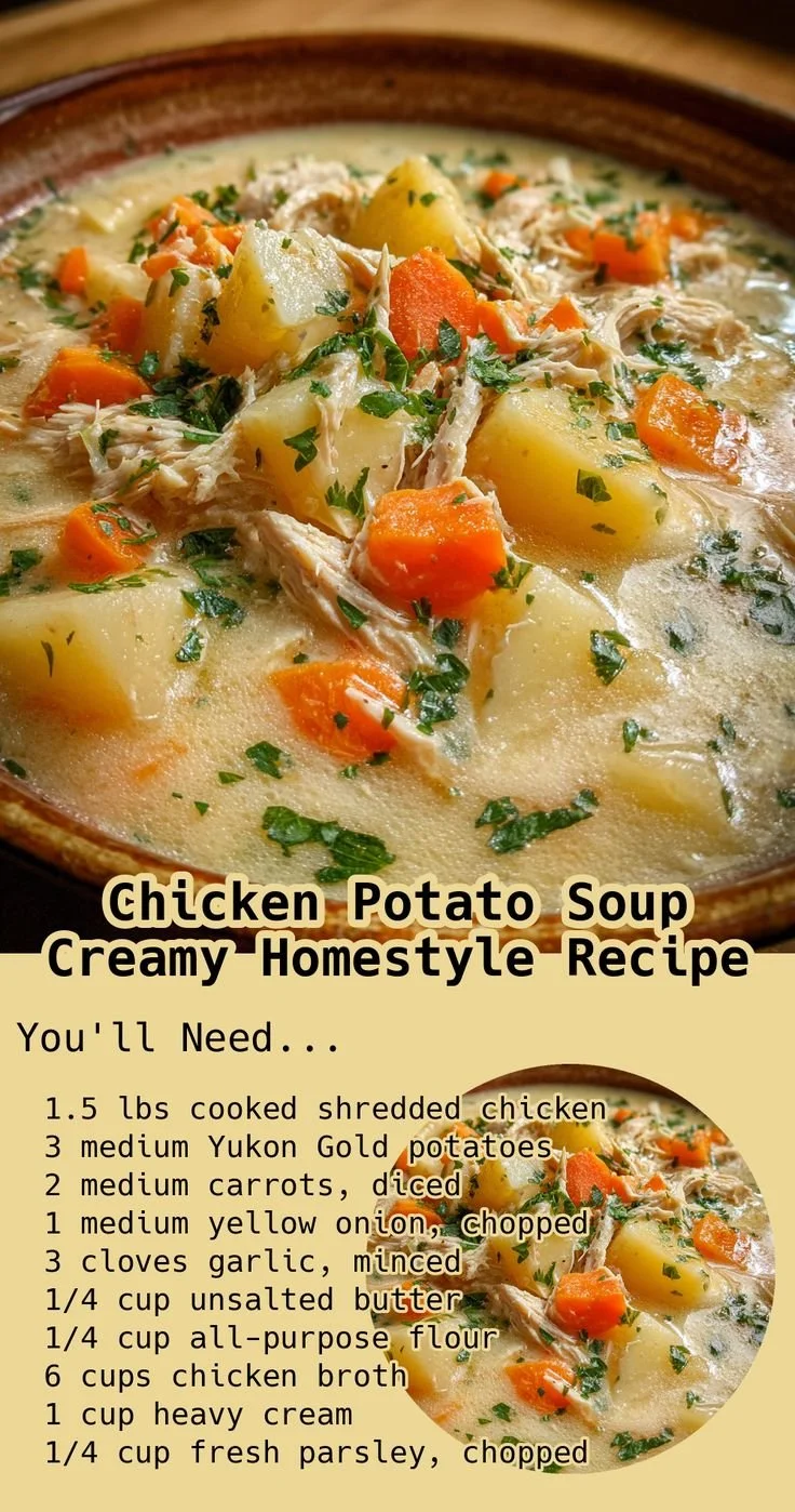 Creamy Chicken Potato Soup in a bowl garnished with herbs and bread on the side