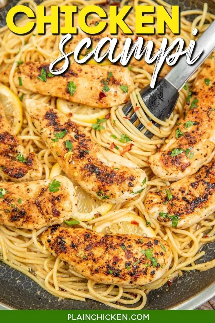 Delicious Chicken Scampi dish served with pasta and fresh herbs