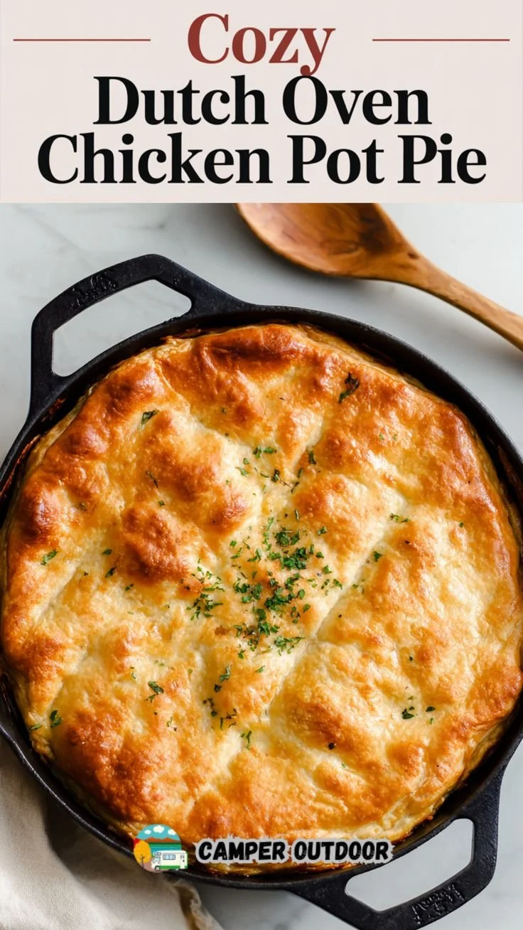Classic Dutch Oven Chicken Pot Pie placed on a rustic wooden table