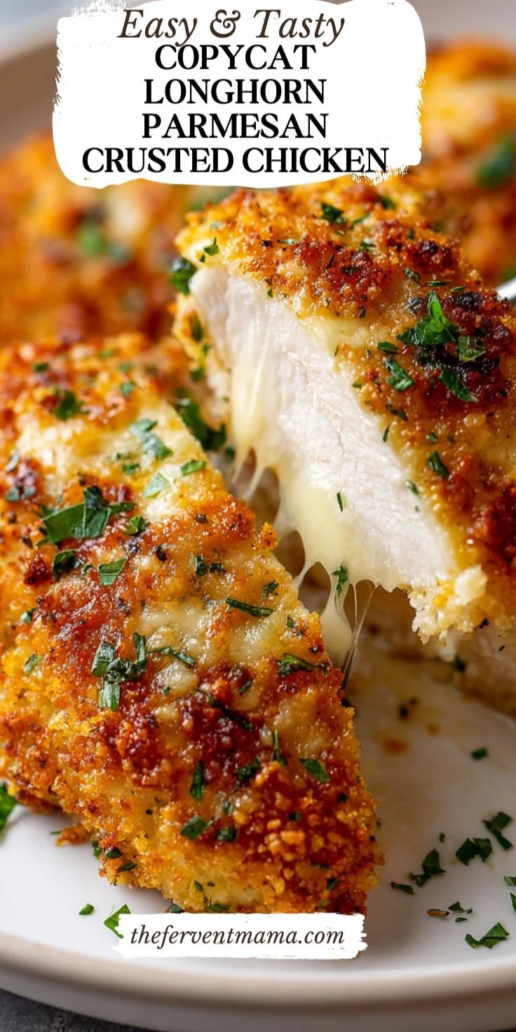 Plate of copycat Longhorn Parmesan Crusted Chicken with herbs and parmesan crust