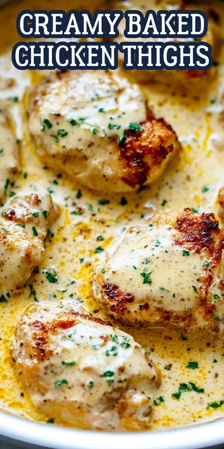 Delicious creamy baked chicken thighs, golden and juicy, served on a plate.