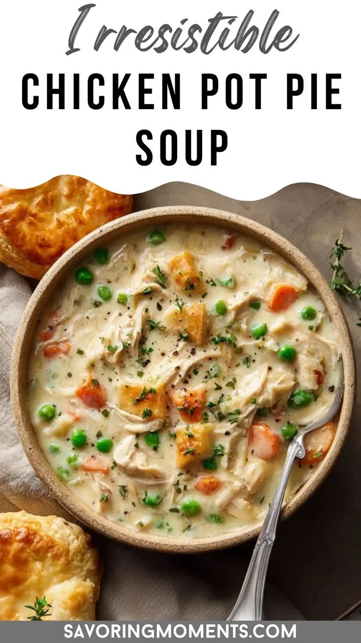 Bowl of creamy chicken pot pie soup garnished with herbs and vegetables