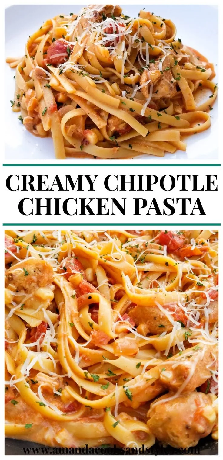 Delicious bowl of creamy Chipotle chicken pasta topped with fresh herbs.