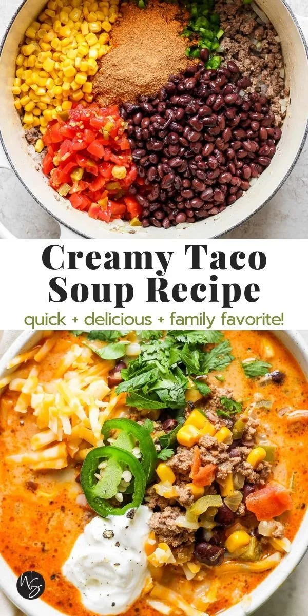 Bowl of creamy taco soup garnished with cilantro and cheese