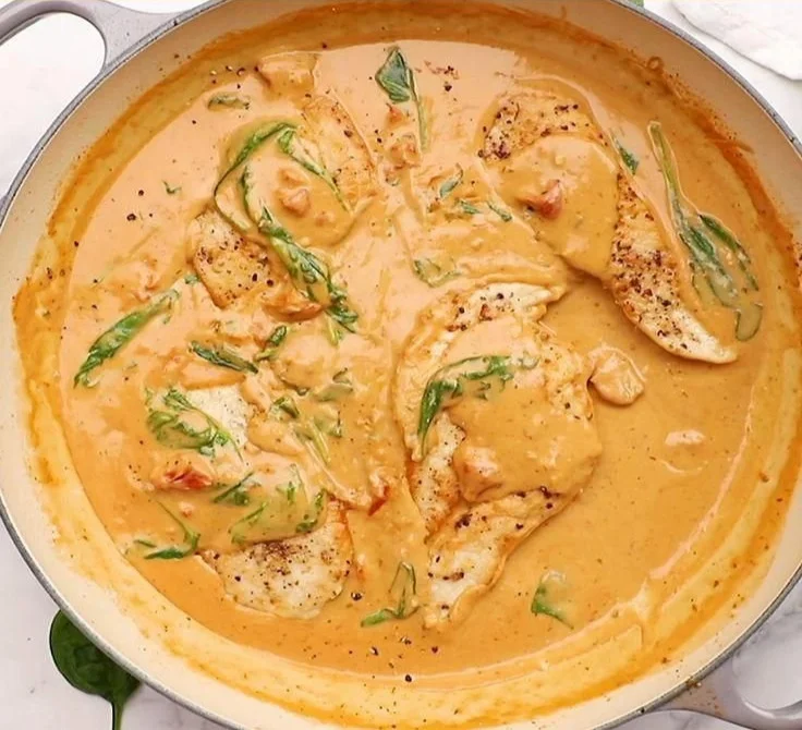 Delicious creamy Tuscan chicken served on a plate with fresh herbs