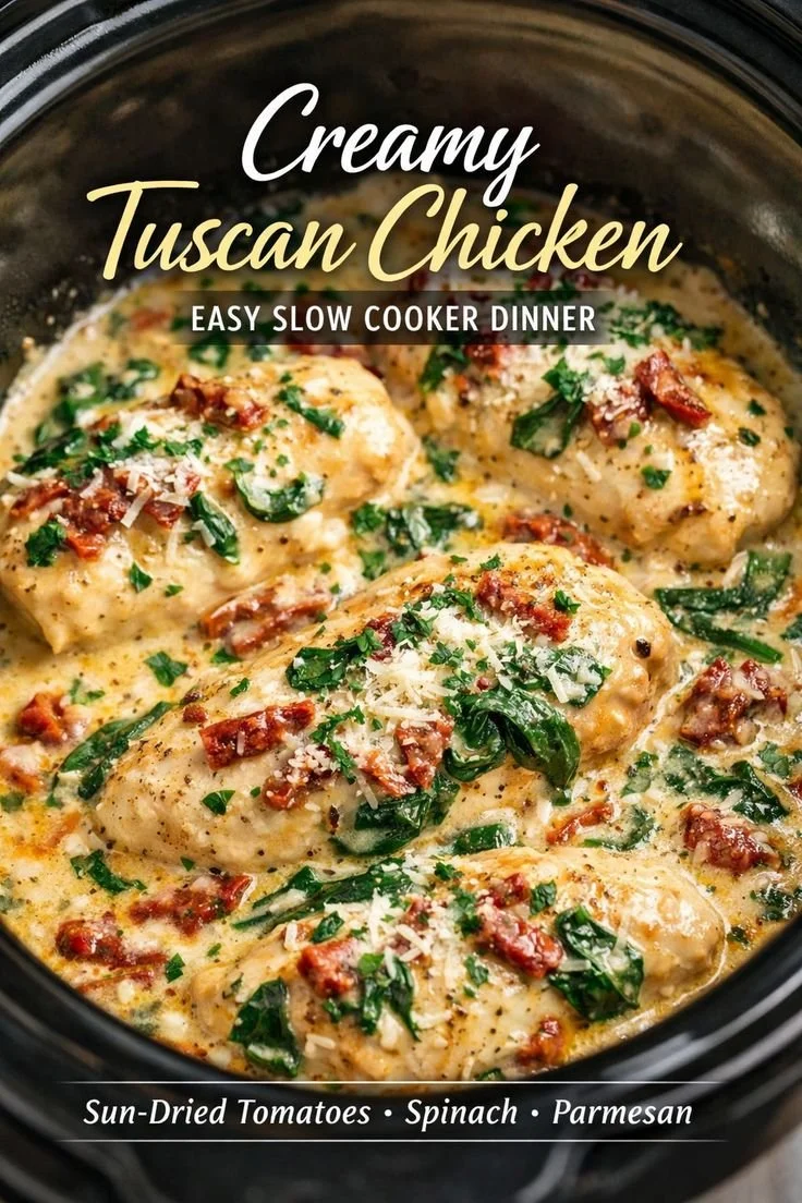 Creamy Tuscan chicken in a slow cooker garnished with herbs