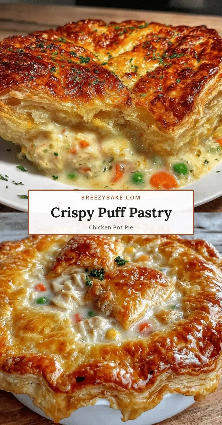 Crispy chicken pot pie with puff pastry crust served on a plate.