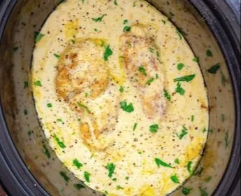 Delicious Crock Pot Angel Chicken served with rice and vegetables
