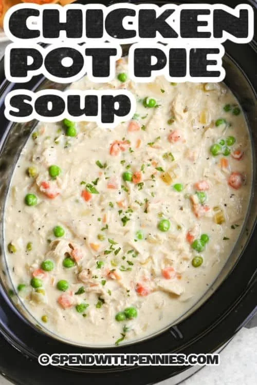 Crock pot chicken pot pie soup in a bowl, creamy and hearty comfort food