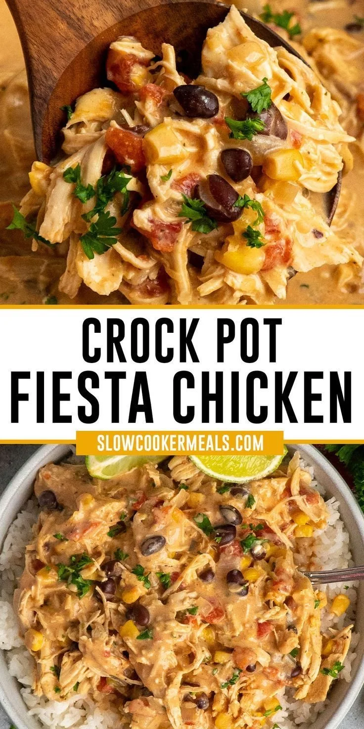 Delicious Crock Pot Fiesta Chicken ready for serving with colorful toppings
