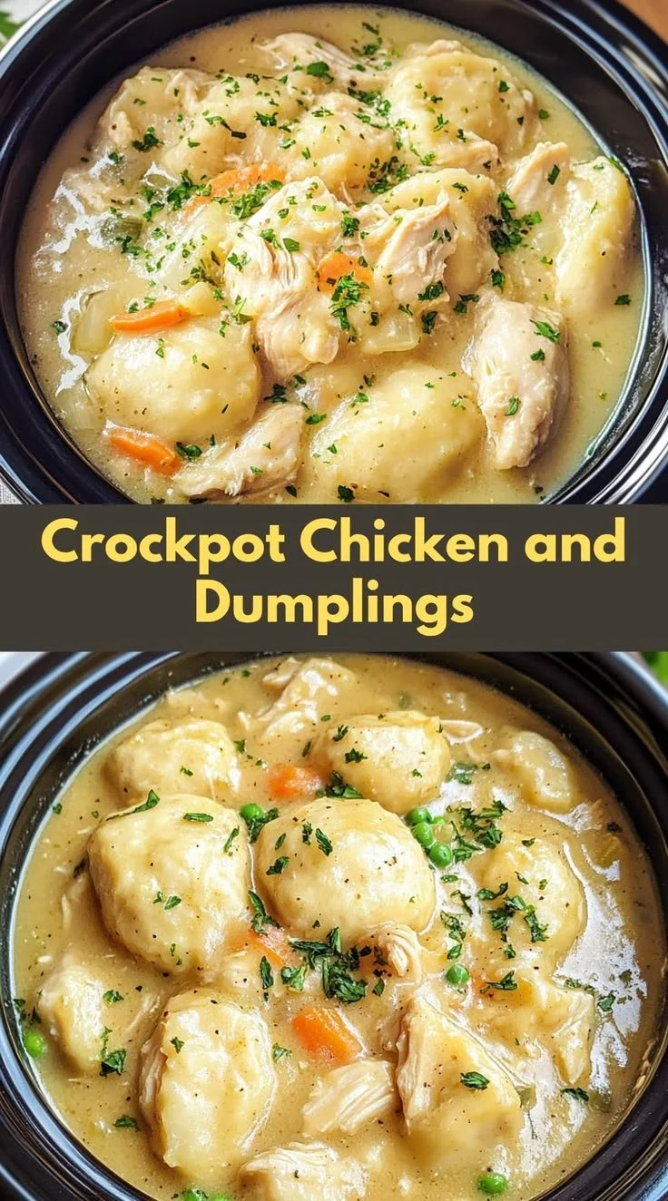 Crockpot chicken and dumplings with tender chicken and fluffy dumplings in a bowl