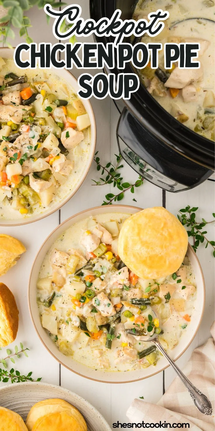 Delicious Crockpot Chicken Pot Pie Soup served with flaky biscuits