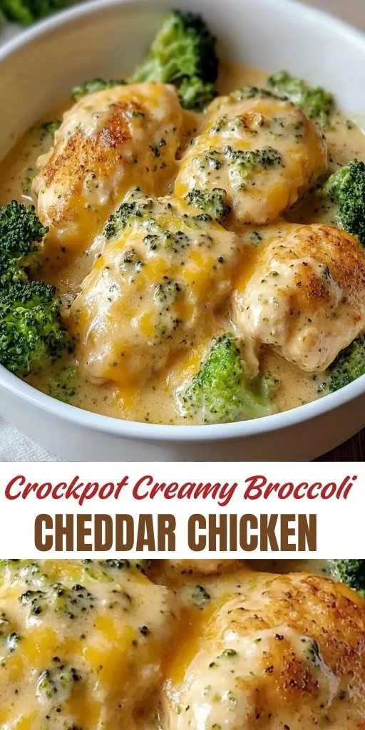 Crockpot creamy broccoli cheddar chicken dish served in a bowl