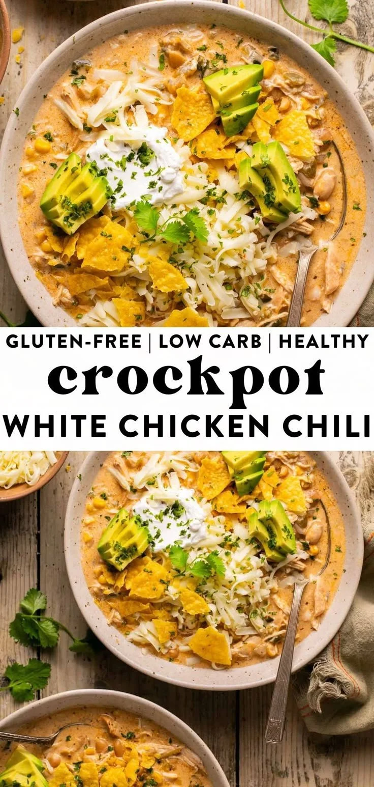 Bowl of healthy white chicken chili made in a crockpot with toppings