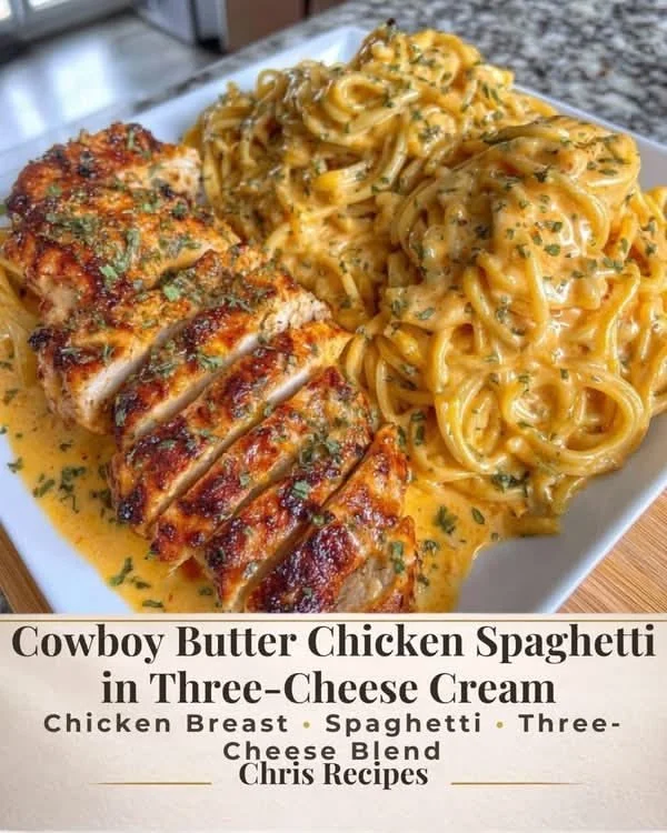 Crockpot Cowboy Butter Chicken Spaghetti topped with Three-Cheese Cream