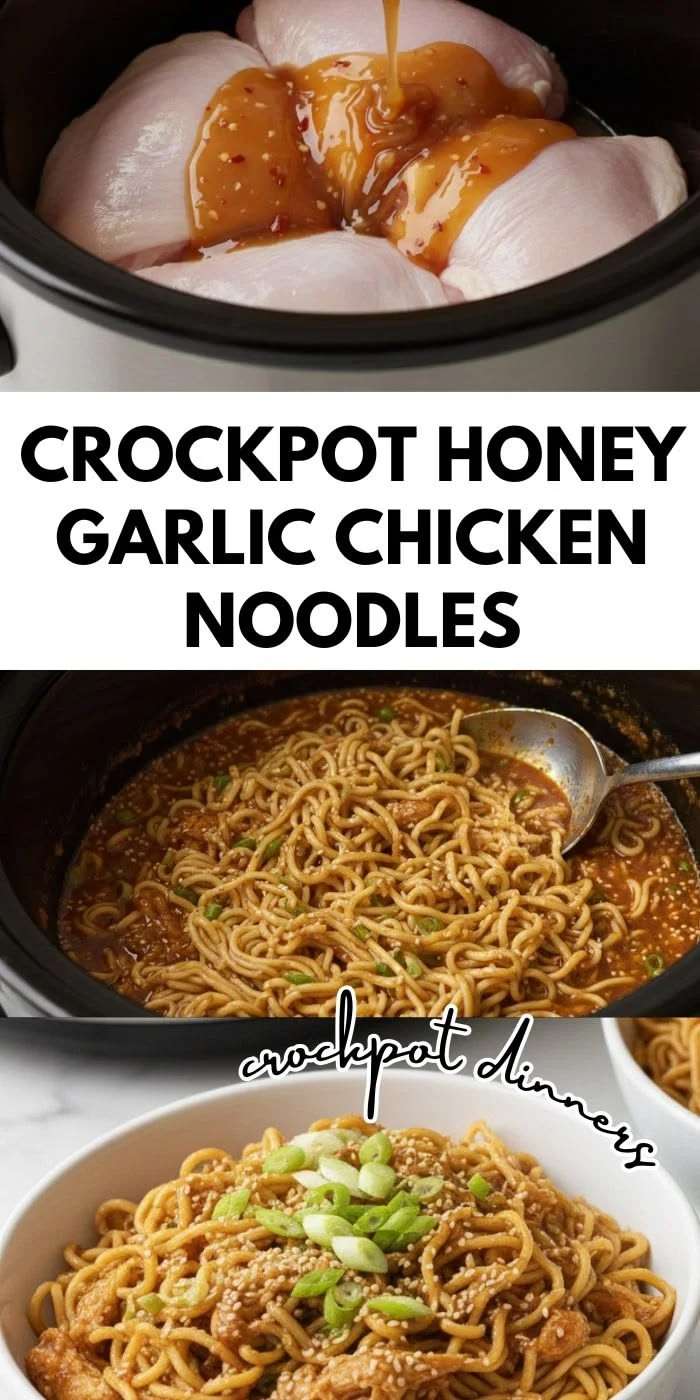 Crockpot Honey Garlic Chicken Noodles served in a bowl with vegetables