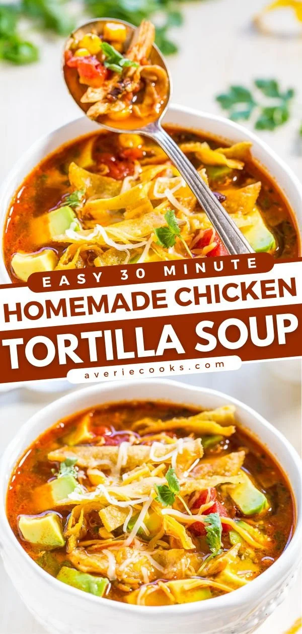 Bowl of homemade chicken tortilla soup topped with crispy tortilla strips and cilantro