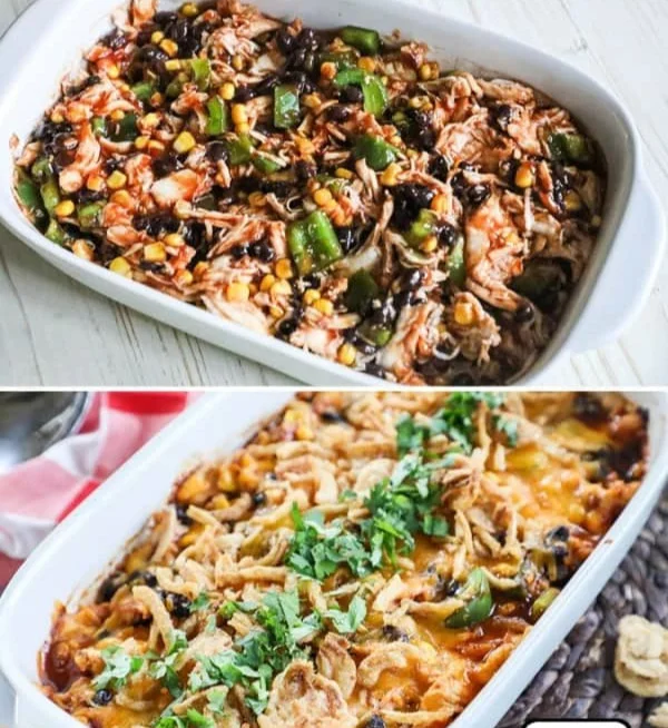 Delicious Easy BBQ Chicken Casserole topped with cheese and green onions