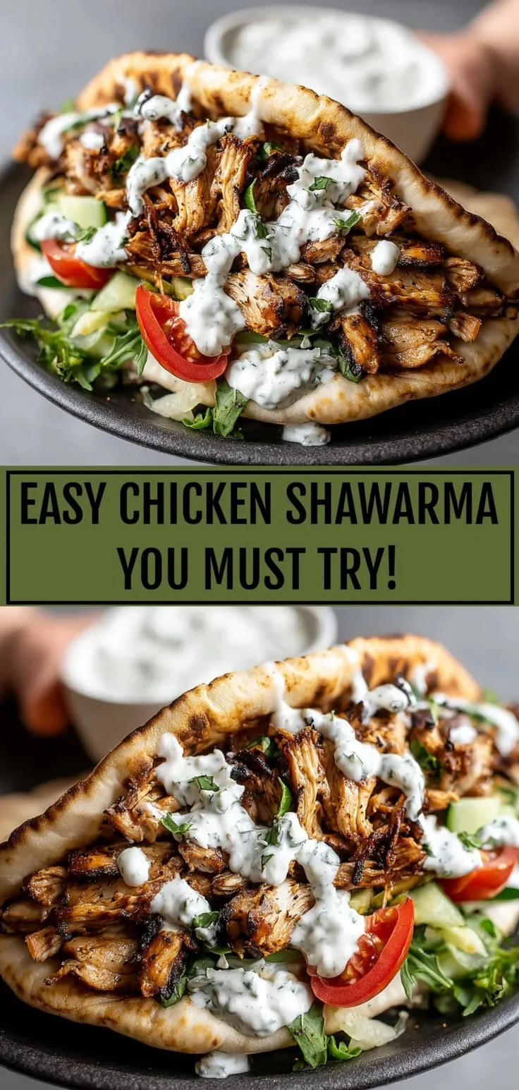 Juicy chicken shawarma served with creamy garlic sauce on a plate.