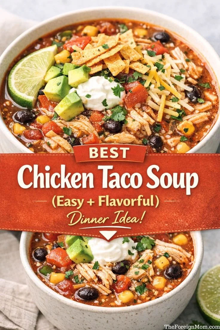 Bowl of easy chicken taco soup garnished with cilantro and lime.