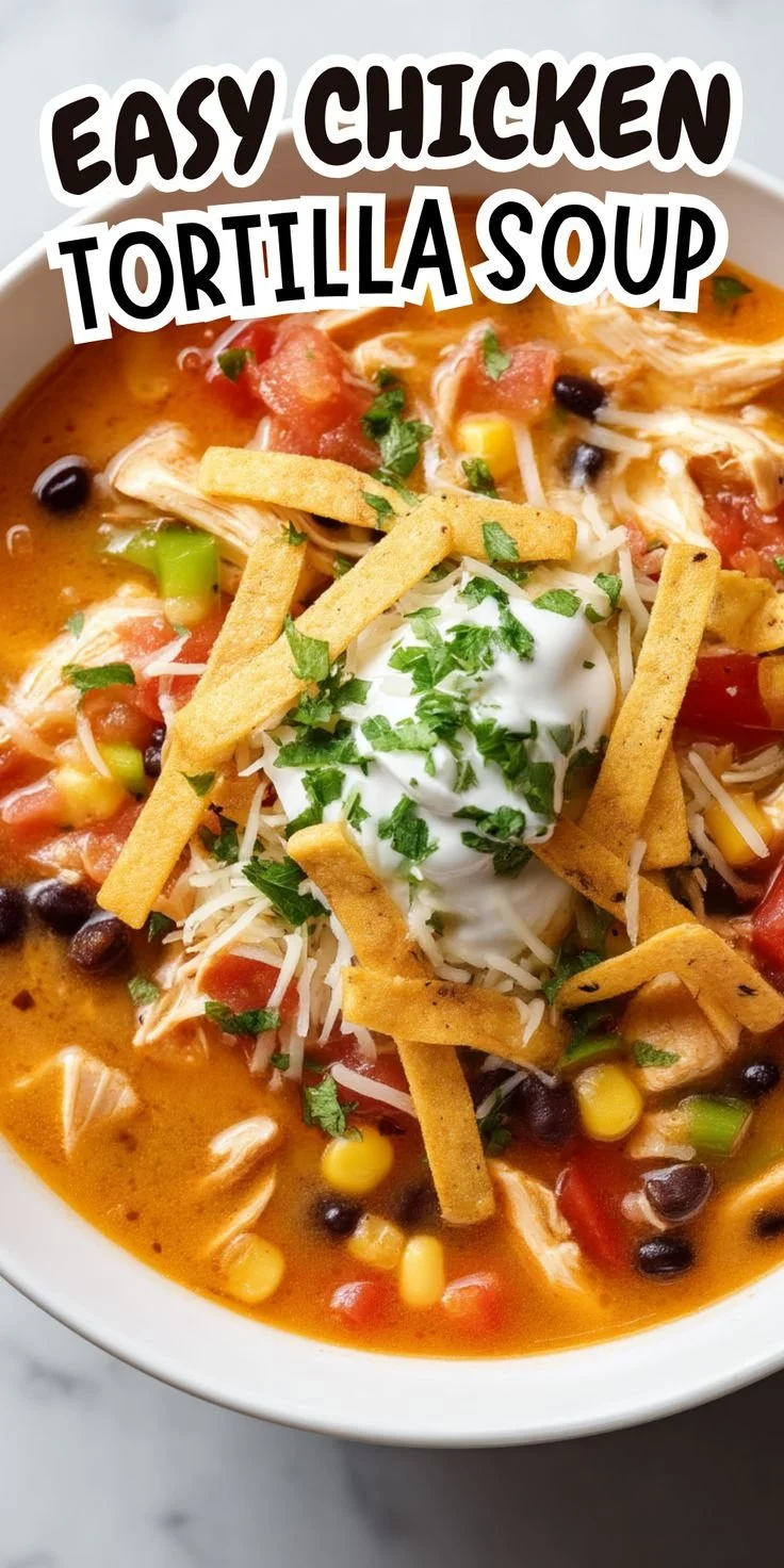 Bowl of easy Chicken Tortilla Soup garnished with tortilla strips and cilantro