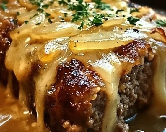 Delicious French onion meatloaf with melted cheese and caramelized onions
