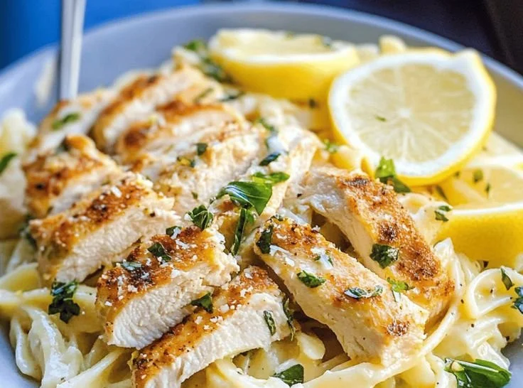Bowl of easy lemon chicken pasta topped with herbs and lemon slices