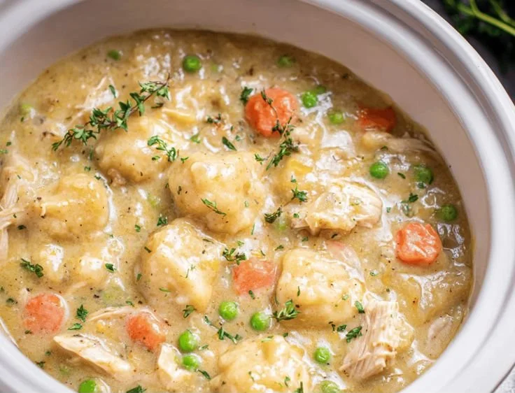 Bowl of easy slow cooker chicken and dumplings garnished with herbs.