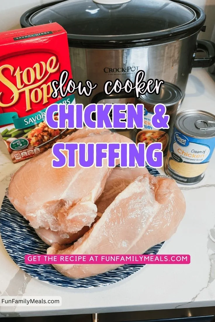Easy slow cooker chicken with stuffing dinner recipe in a bowl.
