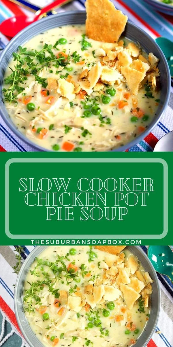 Bowl of easy slow cooker chicken pot pie soup with carrots and peas
