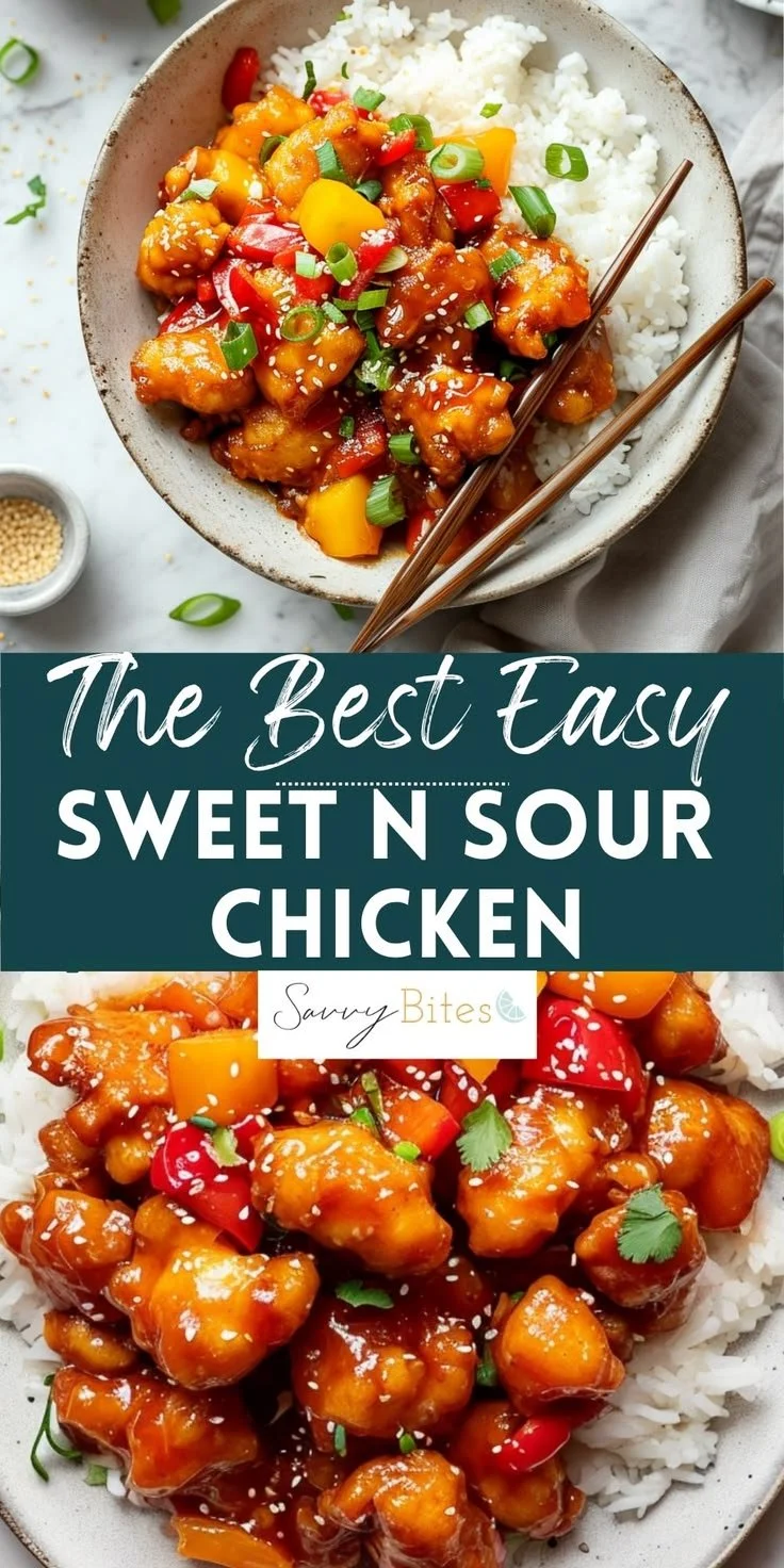Delicious Easy Sweet N Sour Chicken served with colorful vegetables and rice.